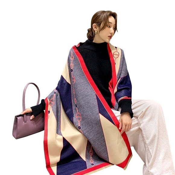 Red, Cream and Blue Fashion scarf - Picture 4 of 4